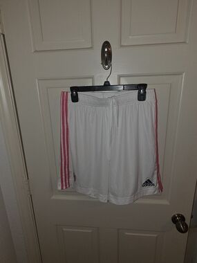 adidas Men's Real Madrid White Athletic Shorts with Pink Side Stripes